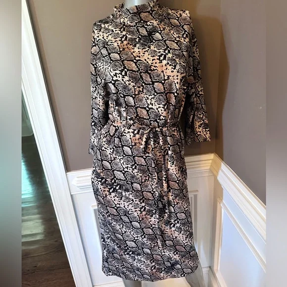 knee length dresses for ladies Zara Tan Black Silk Satin Leopard Cowl Neck Cami Slip Midi Dress Size  Brie